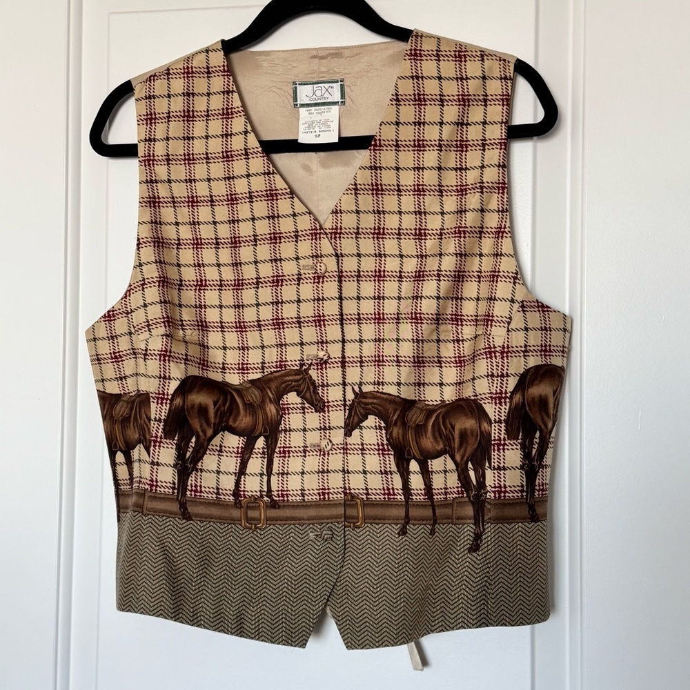 Vintage Jax Country 100% Silk Plaid Vest with Horse Pattern Print